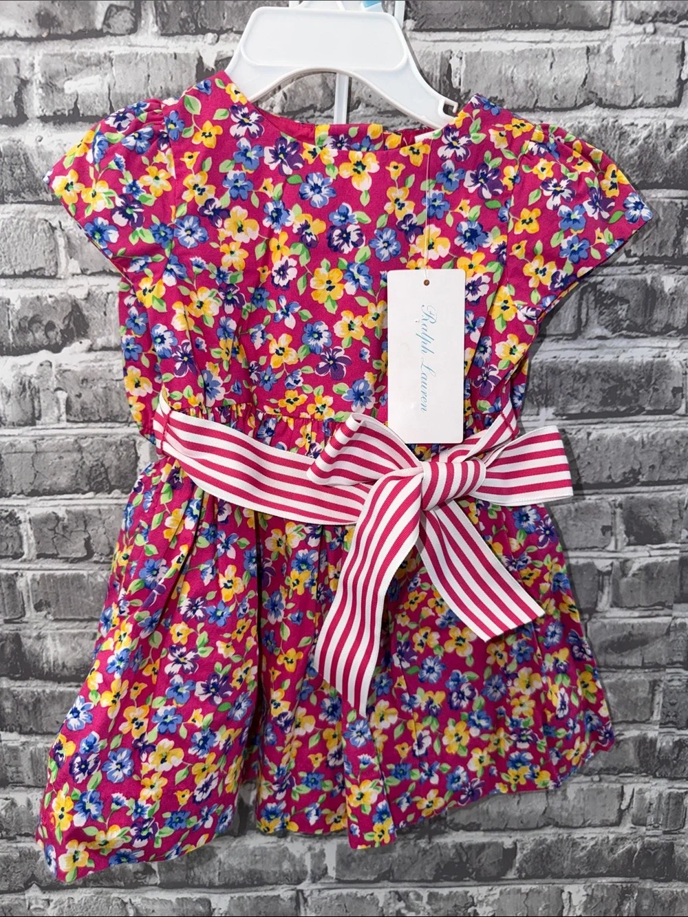 NWT Ralph Lauren Pink Floral Dress with Striped Bow